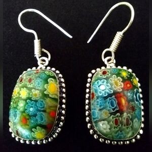 Superb Millefiori Design 2" Drop Earrings Stamped 925